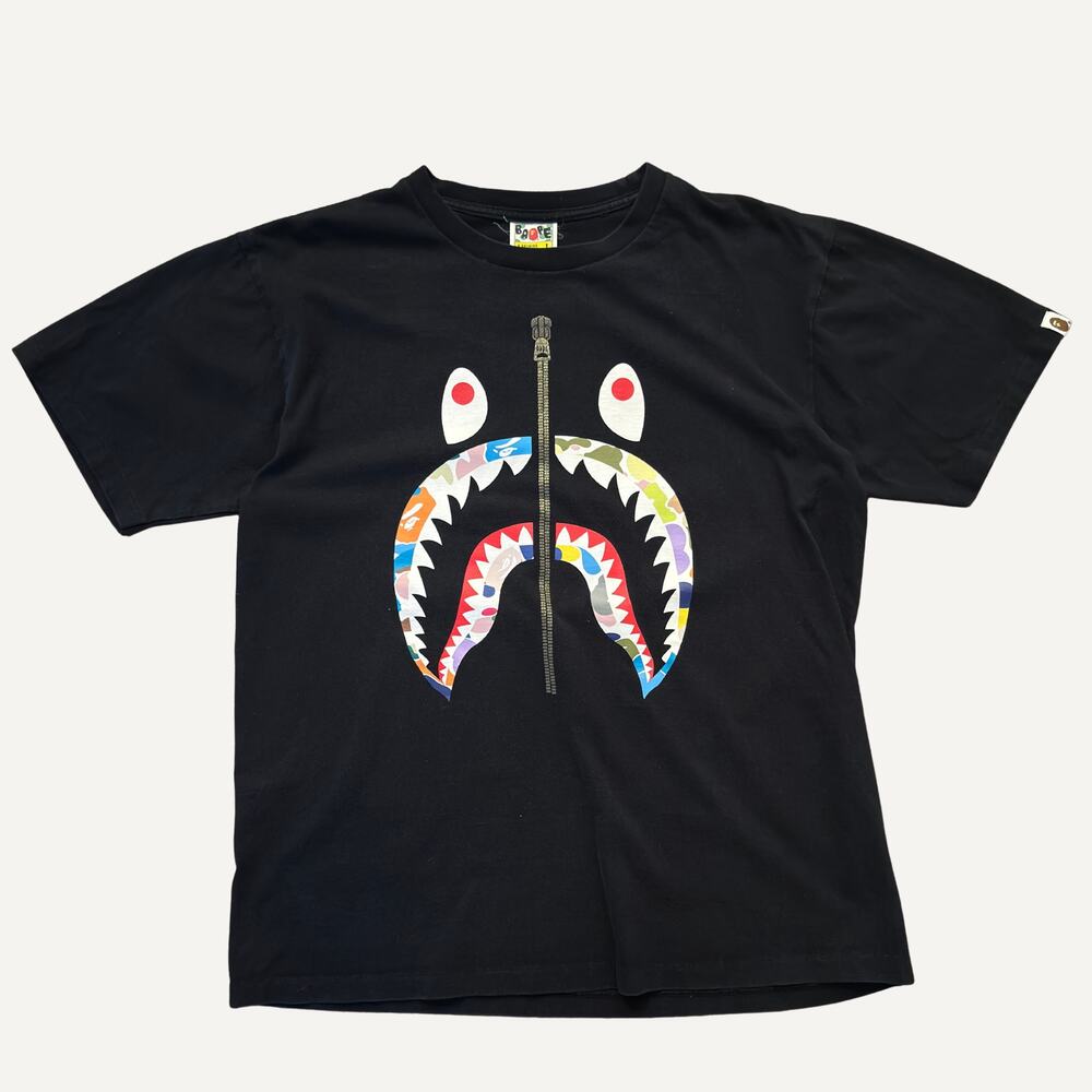 BAPE A Bathing Ape Multicolor Camo Shark Tee Black Sz Large